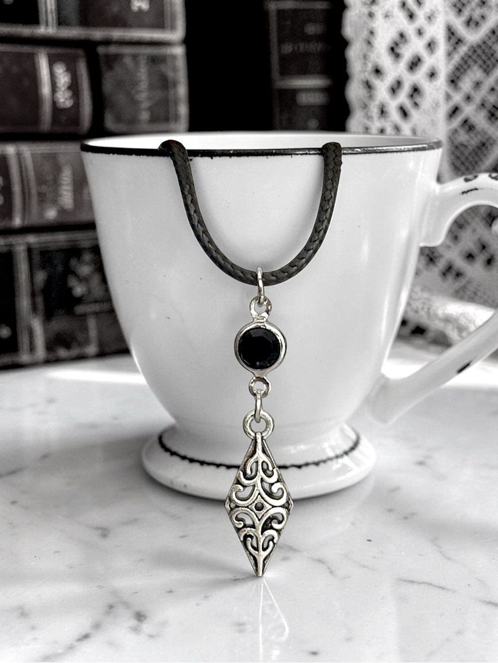 5 For $25💫Silver Filigree Diamond Necklace Pendant With Black Acrylic Gem Accent